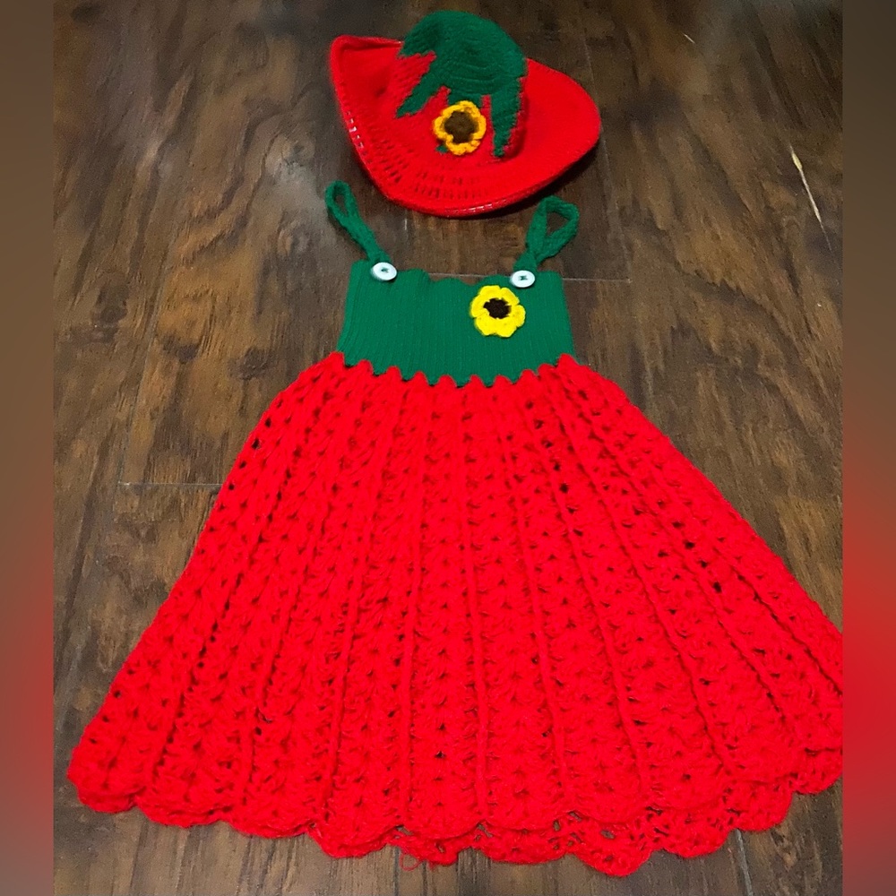 Beautiful Strawberry matching crochet hat and dress